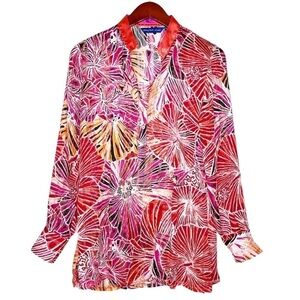 GEORG ROTH Los Angeles Floral Button Popover Tunic Top Size XS in Pink Tangerine